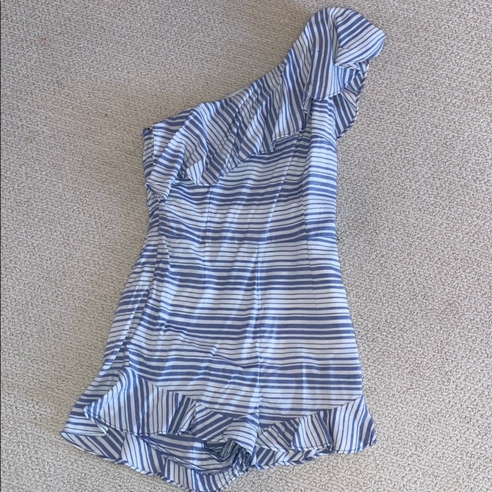 Blue and white striped one shoulder romper